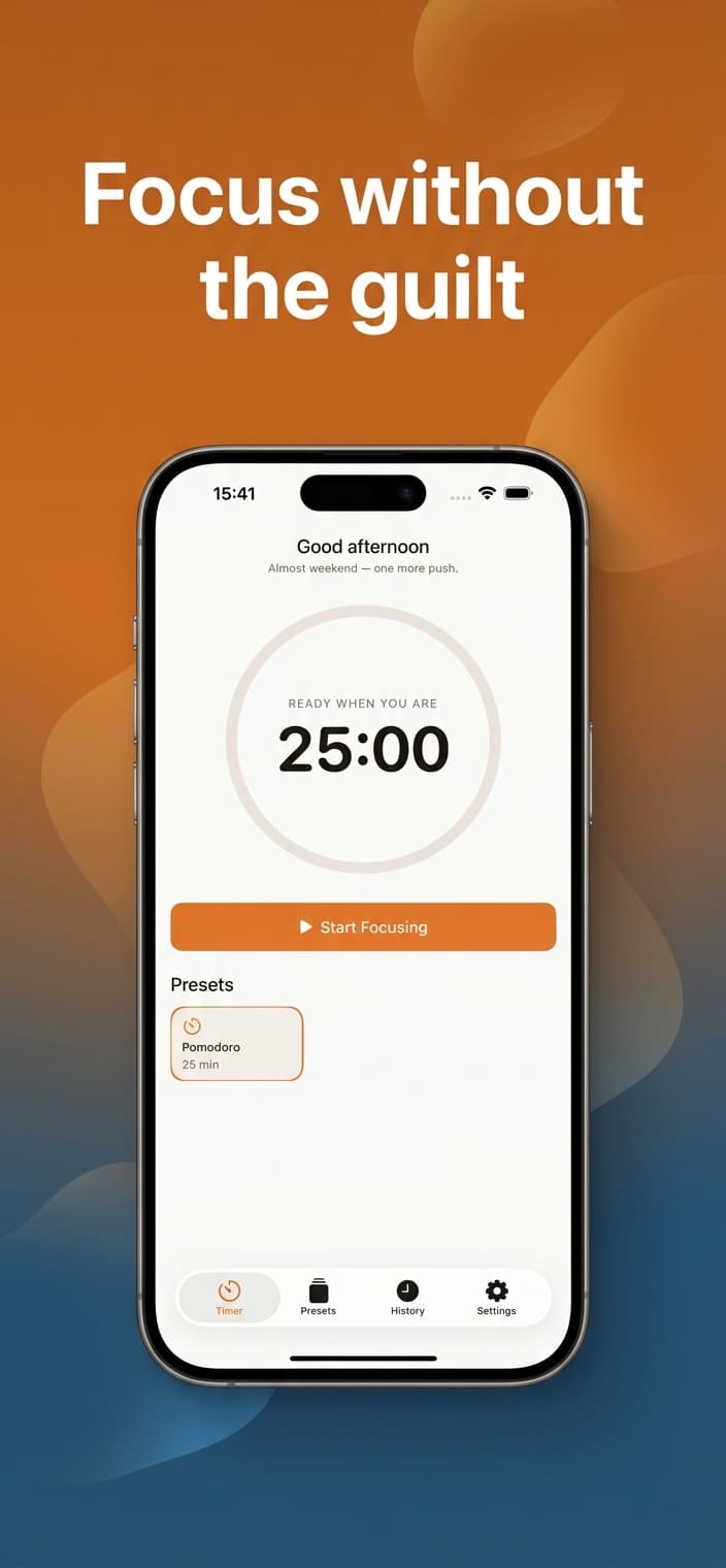 Focus without the guilt — Timer ready screen