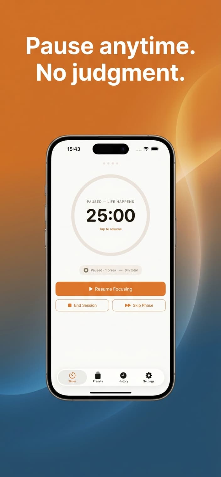 Pause anytime, no judgment — Paused session